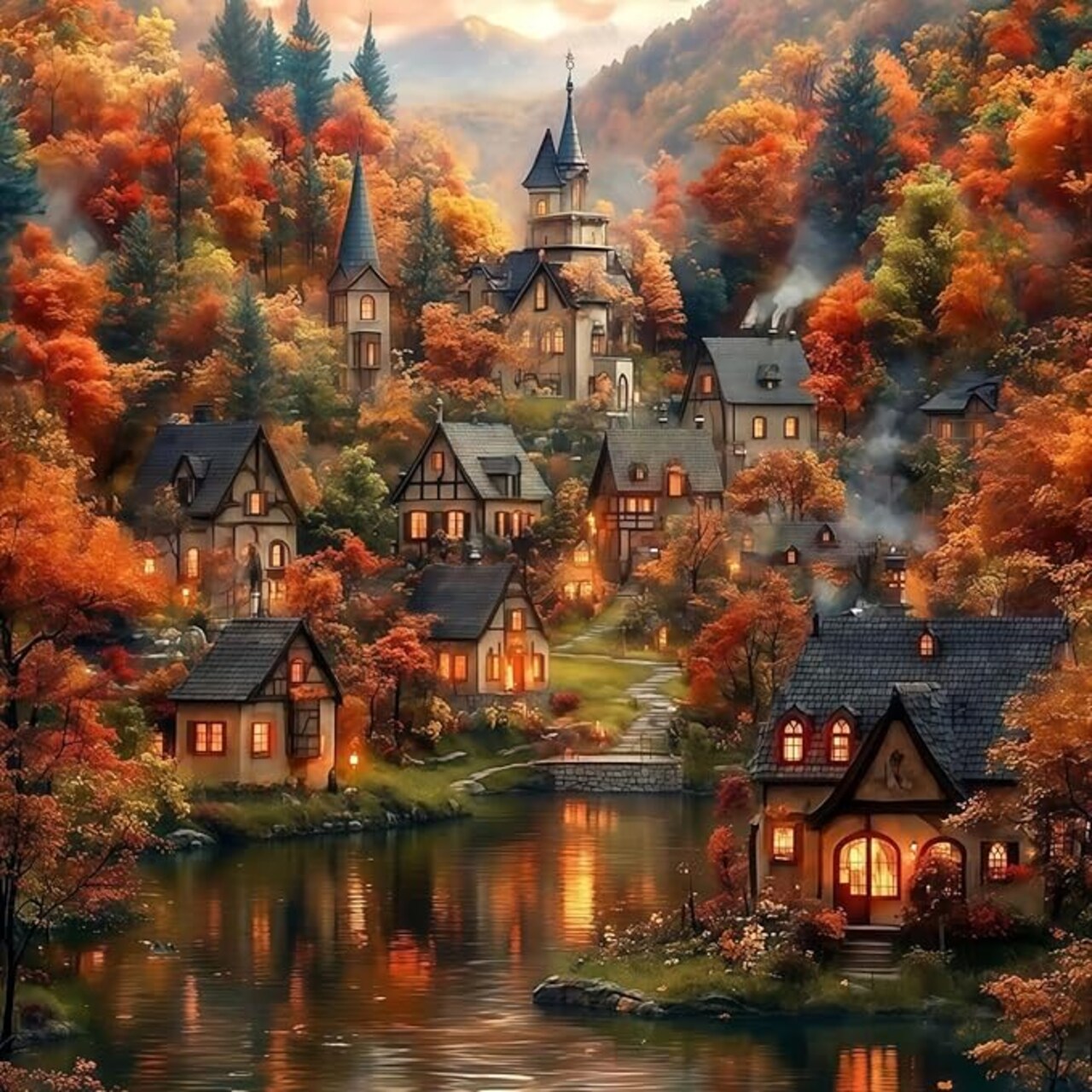 5D Diamond Painting Kits for Adults, Autumn House Diamond Art Kits for Adults, Fall Forest Paint by Diamonds, Full Drill Round Diamond Gem Art Painting, Home Wall Art Decor, 13.78 x 13.78 inch